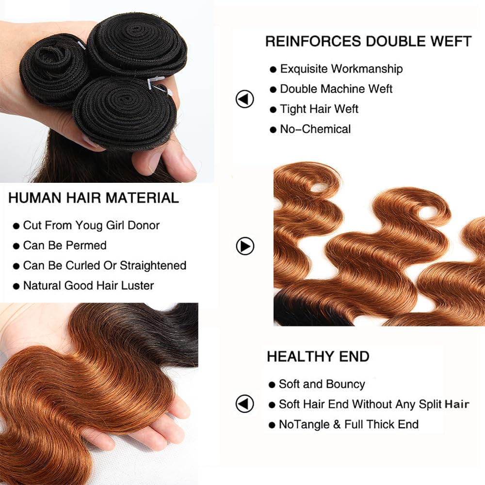 Brown Human Hair Bundles 30 32 34 Inch #1B30 Ombre Body Wave Bundle Human Hair Dark Brown Ombre Bundle 3 Bundles 150G Unprocessed Brazilian Remy Hair Extensions Deals