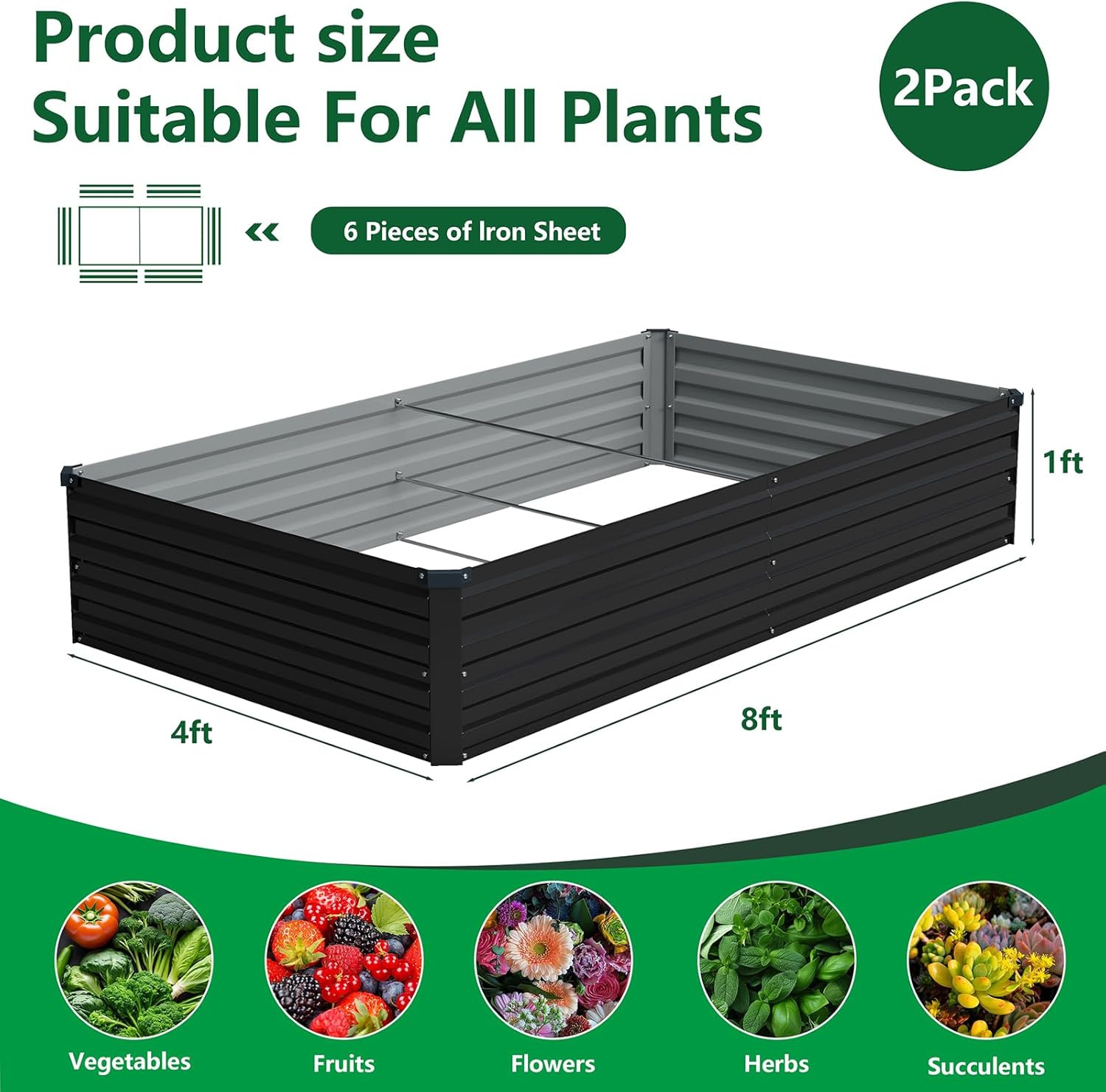 vengarus 8x4x1ft (2 pack) galvanized raised garden bed kit, outdoor metal planter box for vegetables, rectangular steel container, easy assembly (black) black 8x4x1ft(2pcs)
