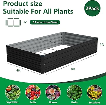 Vengarus 2PCS 8x4x1ft Galvanized Raised Garden Beds Kit,Planter Box Black | Galvanized Steel, Rectangular Metal Planter Raised Beds, Vegetables, Herbs, Flowers, Easy Assembly, Rustproof Safe Backyard