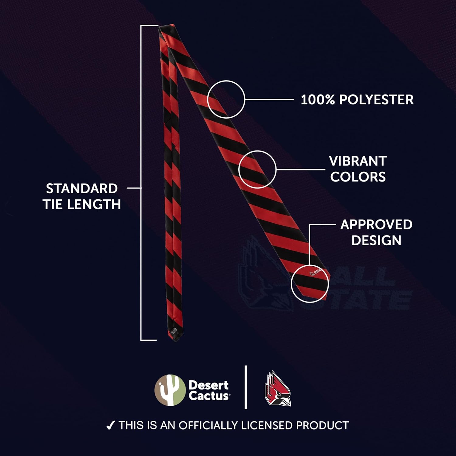 Desert Cactus Ball State University Neck Tie BSU Cardinals 100% Polyester Necktie with Logo, Officially Licensed (Style A) - Image 3