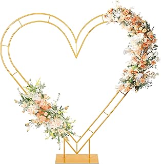 7FT Heart Arch Stand Double Heart Shaped Balloon Stand Wedding Arch for Proposal Ceremony Valentine's Day Birthday Party Baby Shower Decoration (Gold)