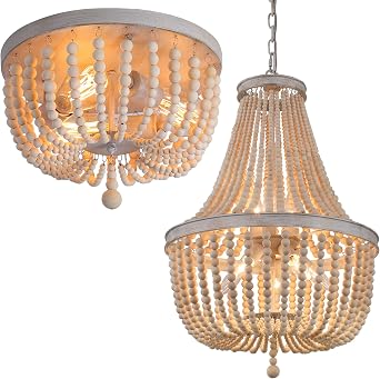 Q&S Boho Chandelier Wooden Beaded Light Fixture Flush Mount Ceiling Light Pendant Lighting for Nursery Bedroom