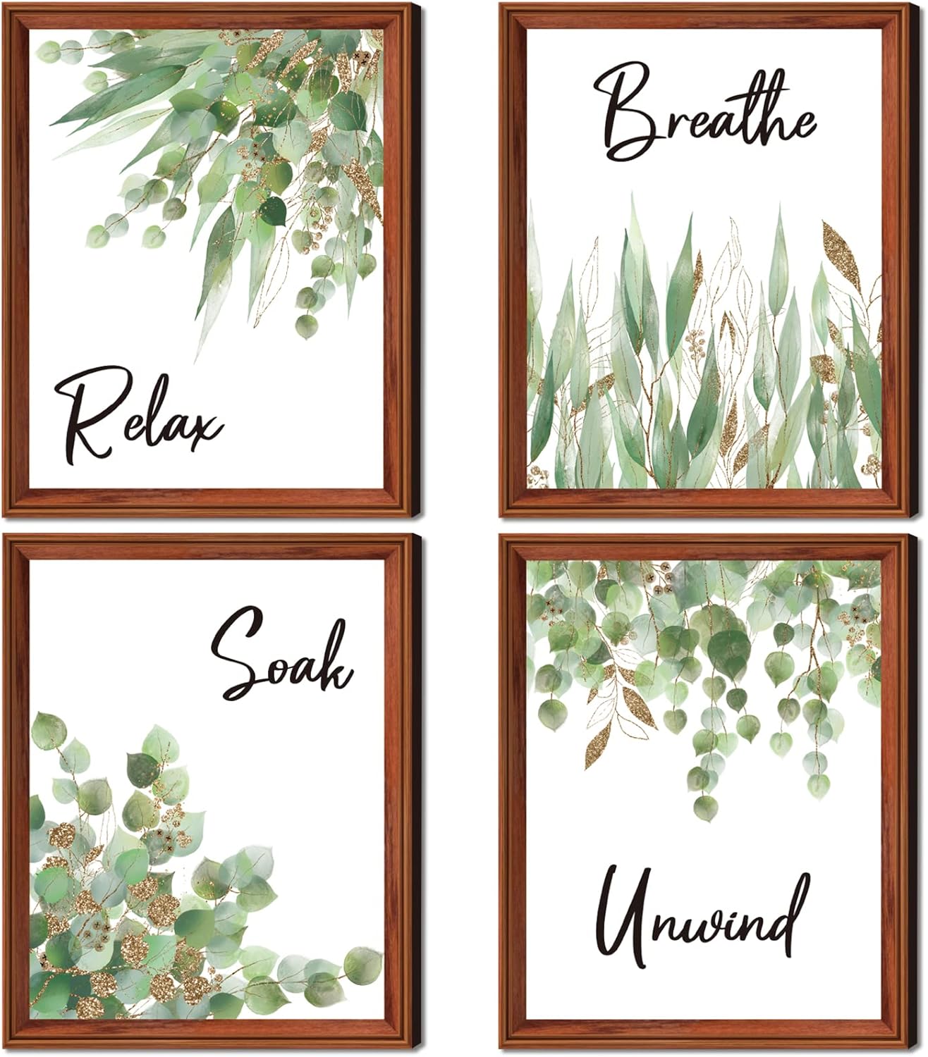 4 Pieces Bathroom Wall Decor Boho Leaf Print Relax Soak
