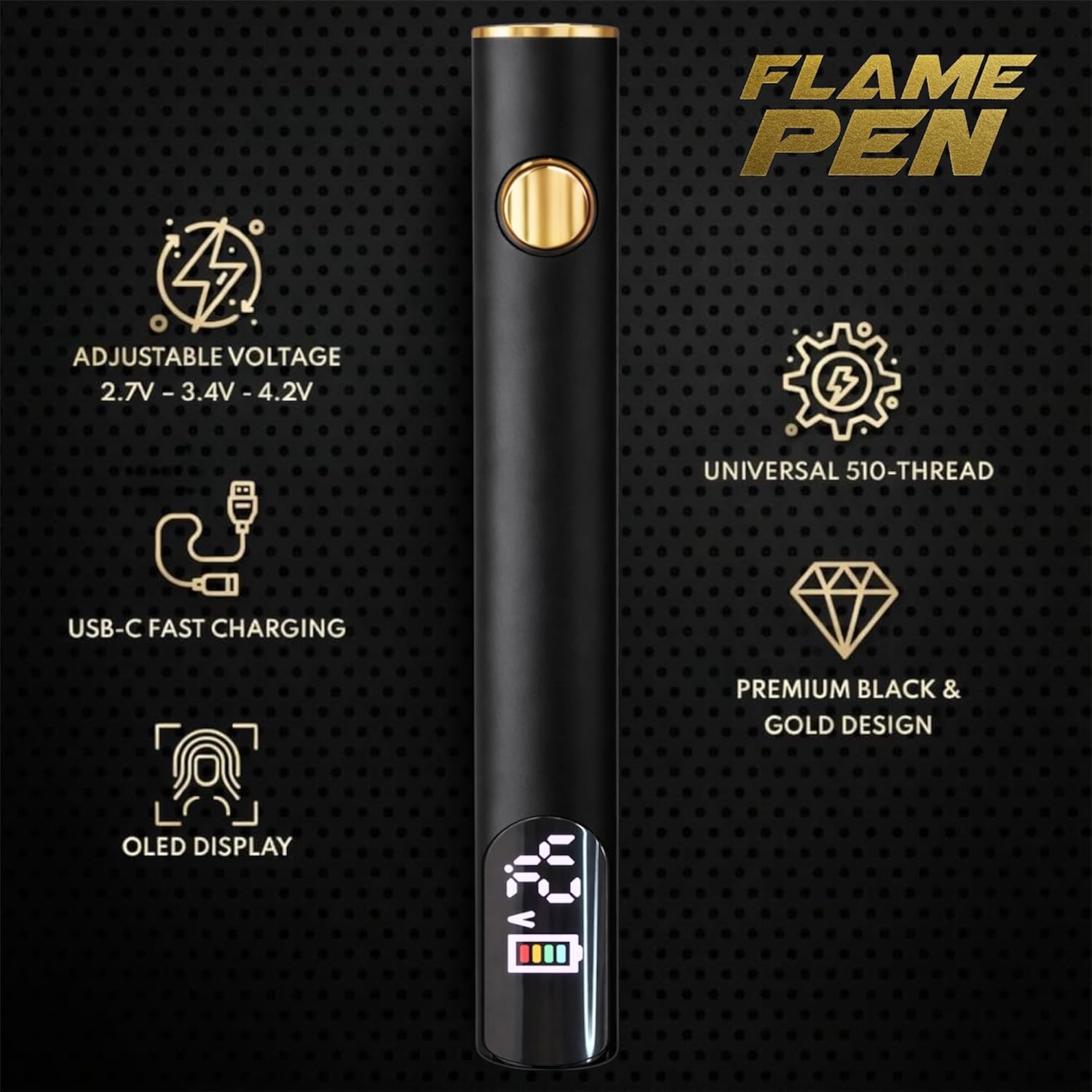 510 Threaded Battery Pen, 650mAh Cordless Soldering Iron with LED Display, Precise Temp Control USB-C Rechargeable, 3-Speed Adjustable — Appliance Repair, DIY & Jewelry | Flame Pen Black & Gold