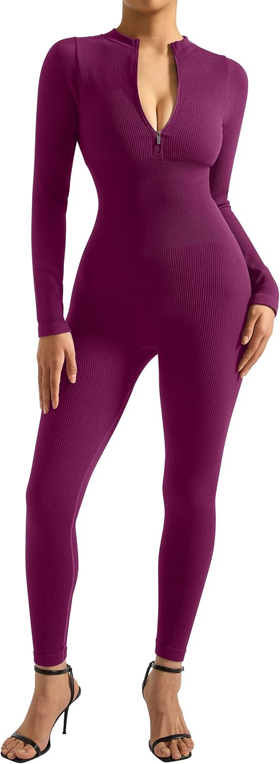 SUUKSESS Women Long Sleeve Ribbed Jumpsuit Zip up Front Workout Bodycon Romper - Image 5
