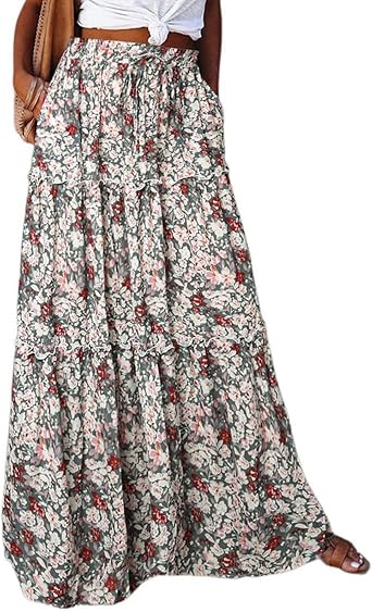 Floral Maxi Skirts for Women Trendy Summer Elastic High Waisted Long Skirts Tiered Flowy Swing A Line Skirt w/Pockets
