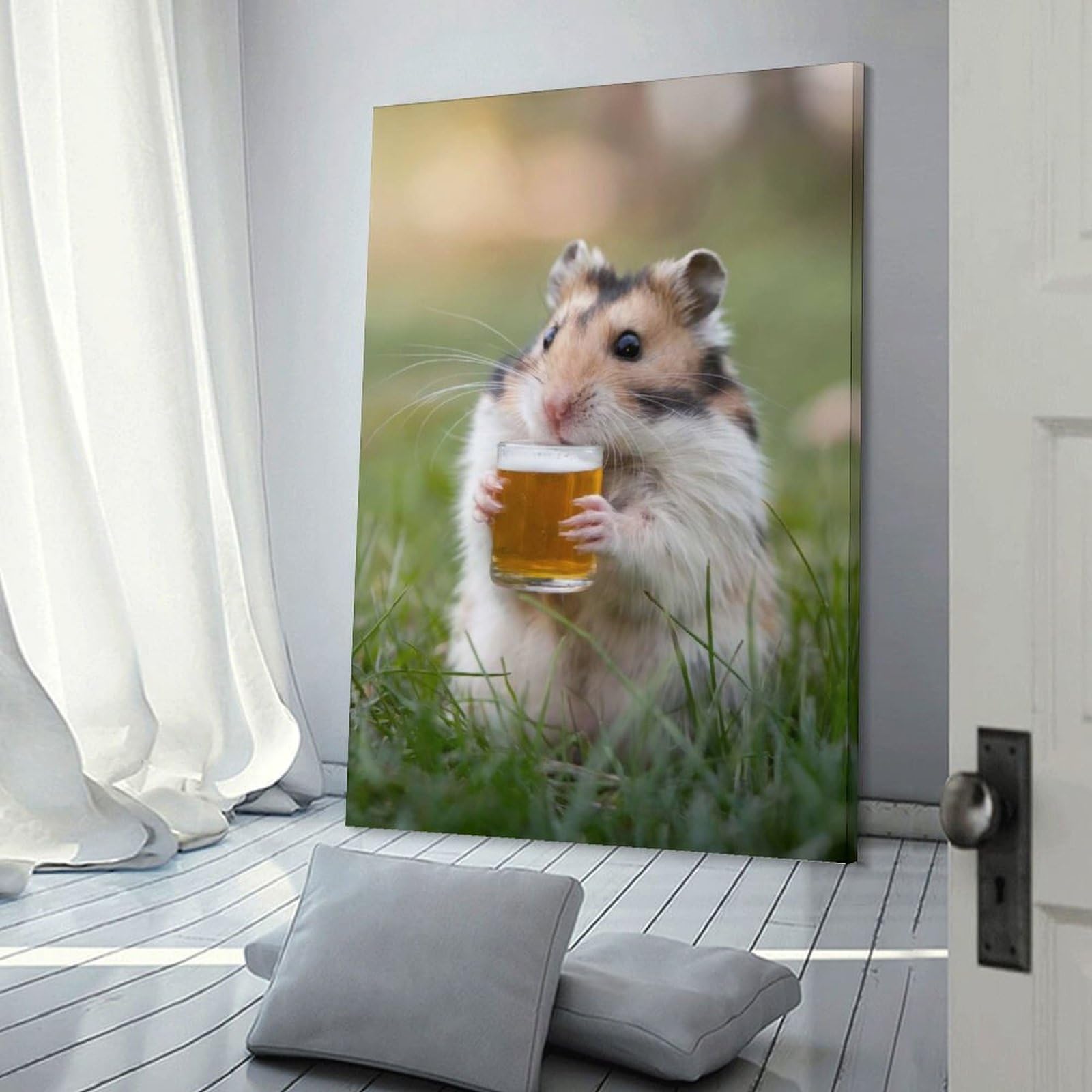 Junmoney Frame-Style-19 Hamster Sipping A Beer Canvas Wall Decor, 20X30inch(50X75cm), For Flats, Guest Rooms Or Compact Rooms, Decorative Canvas Decor For Home Updates