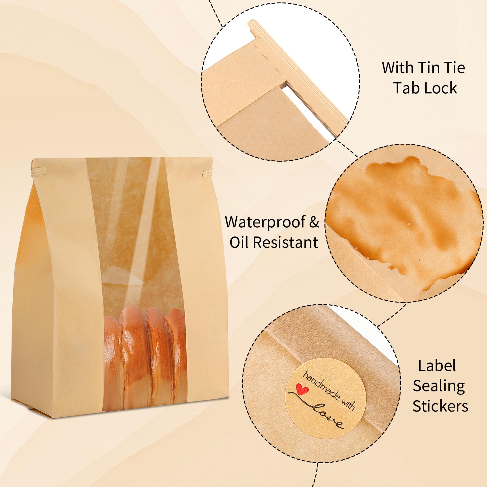 120 bolsas de papel para pan casero, bolsas de pan de masa madre con cierre de pestaña de estaño, ventana frontal transparente y etiquetas adhesivas de sellado, bolsas de panadería para galletas, pan