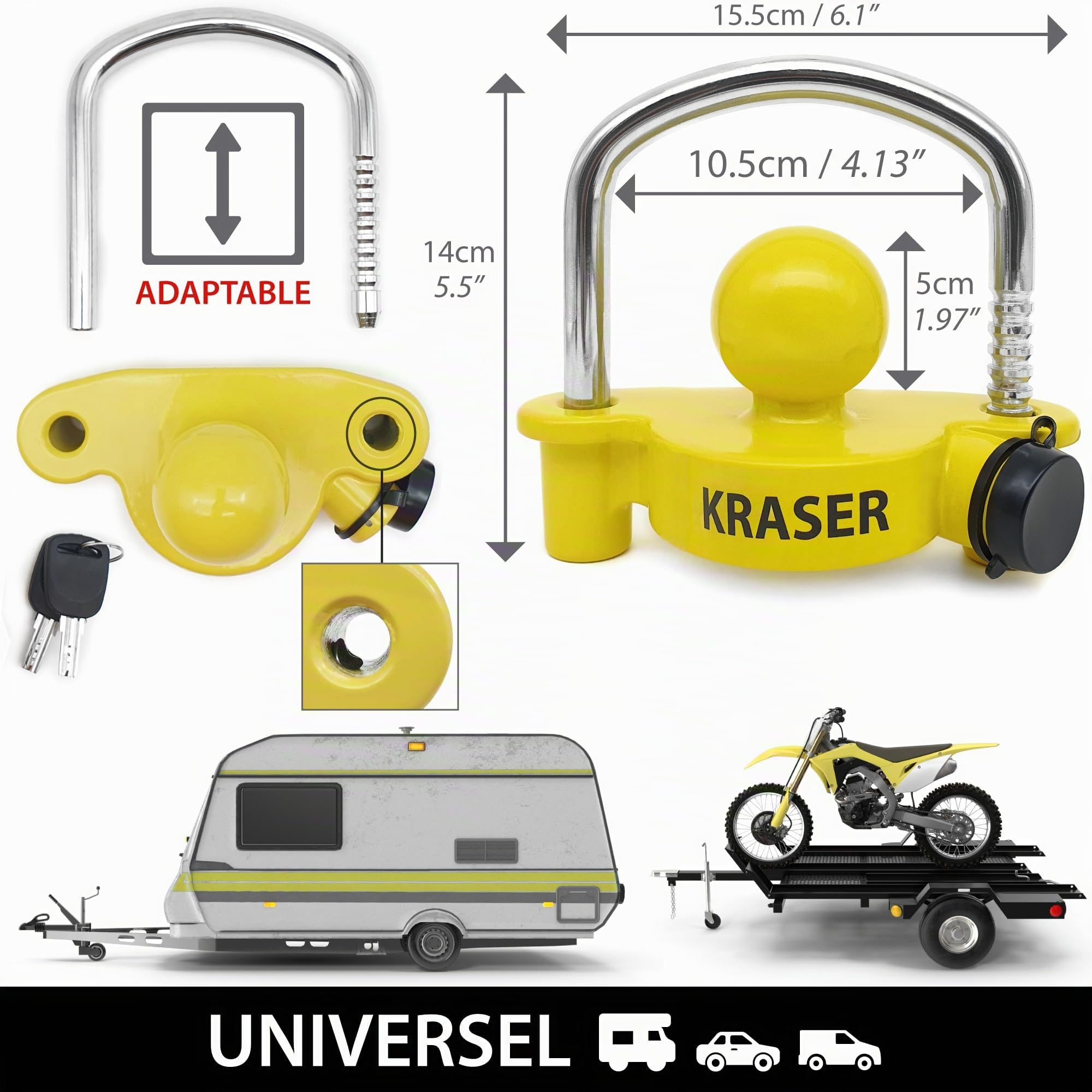 KRASER KR815 Antivol Remorque et Caravane pour Attelage, Verrouillage Haute Sécurité, Très Visible et Dissuasif. Efficace Contre le Vol, Pratique à Utiliser et Testé par des Milliers d’Utilisateurs