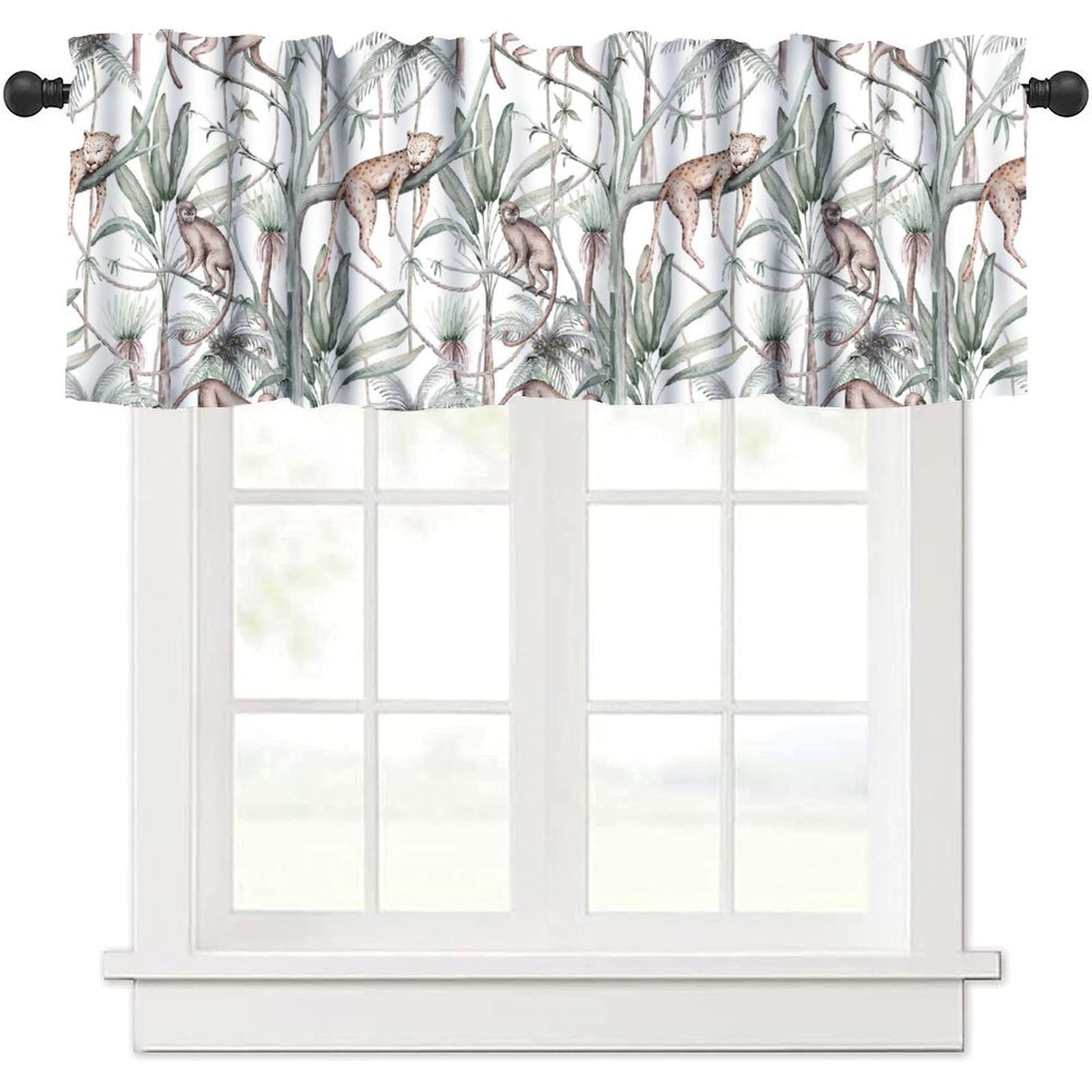 moderw Watercolor Woodland Animal Valance Curtains, Tropical Forest Plants Lion Monkey Plam Tree Window Treatment Valance for Country Farmhouse Dining Living Room Kitchen Café Décor 54x18inch