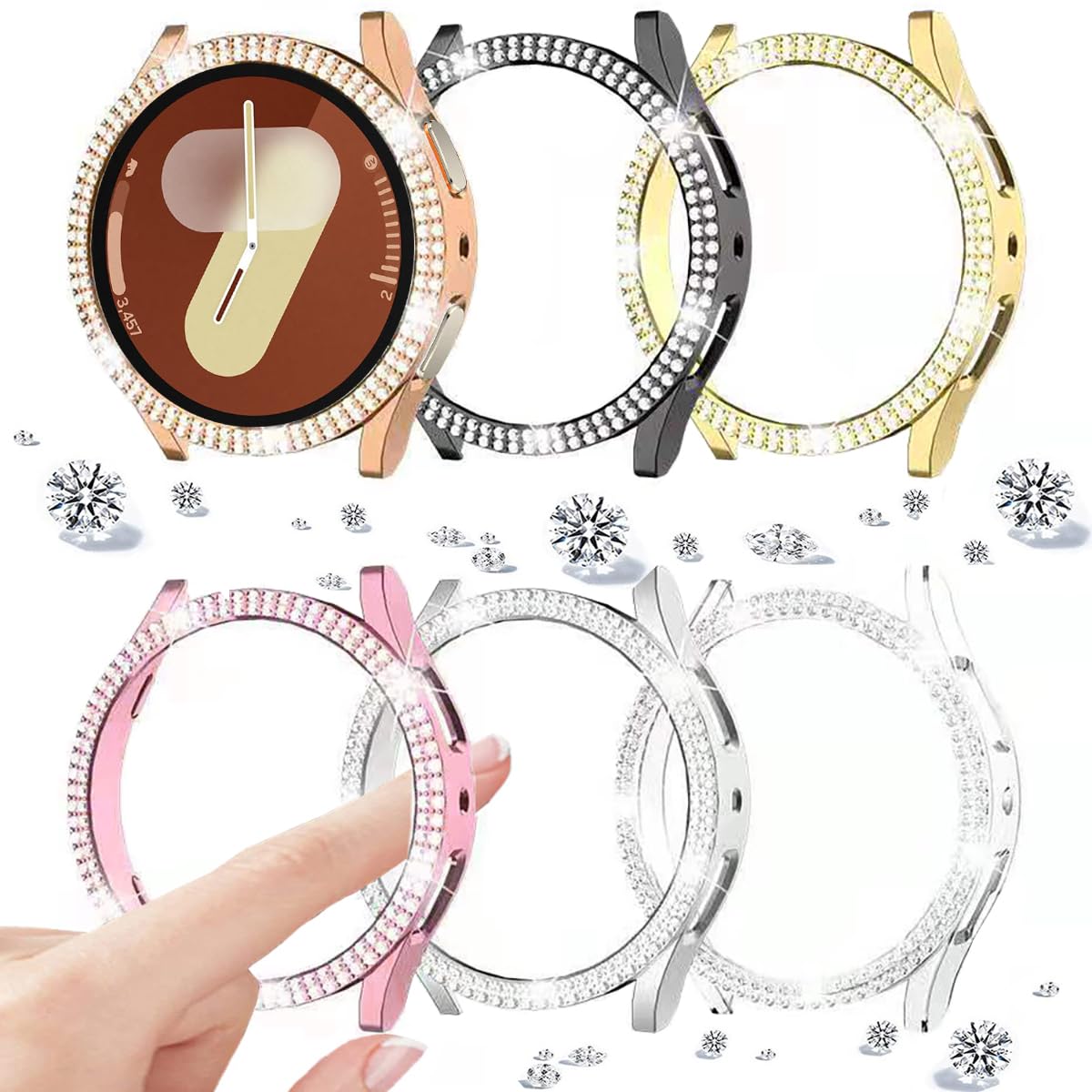 DEALELE [2-PACK] Case Compatible with Samsung Galaxy Watch 5/4 44mm, Bling Single-Row Diamond PC Protective Case Replacement Watch Cover Bumper (44mm, Gold+Transparent) — view 29