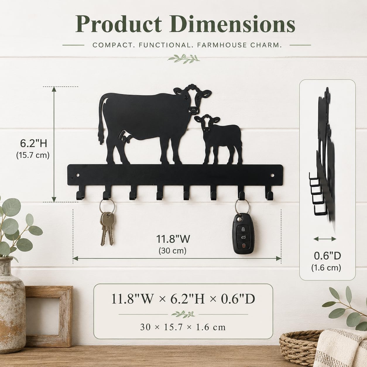 Farmhouse Cow Key Holder for Wall, Key Rack with 8 Hooks, Black