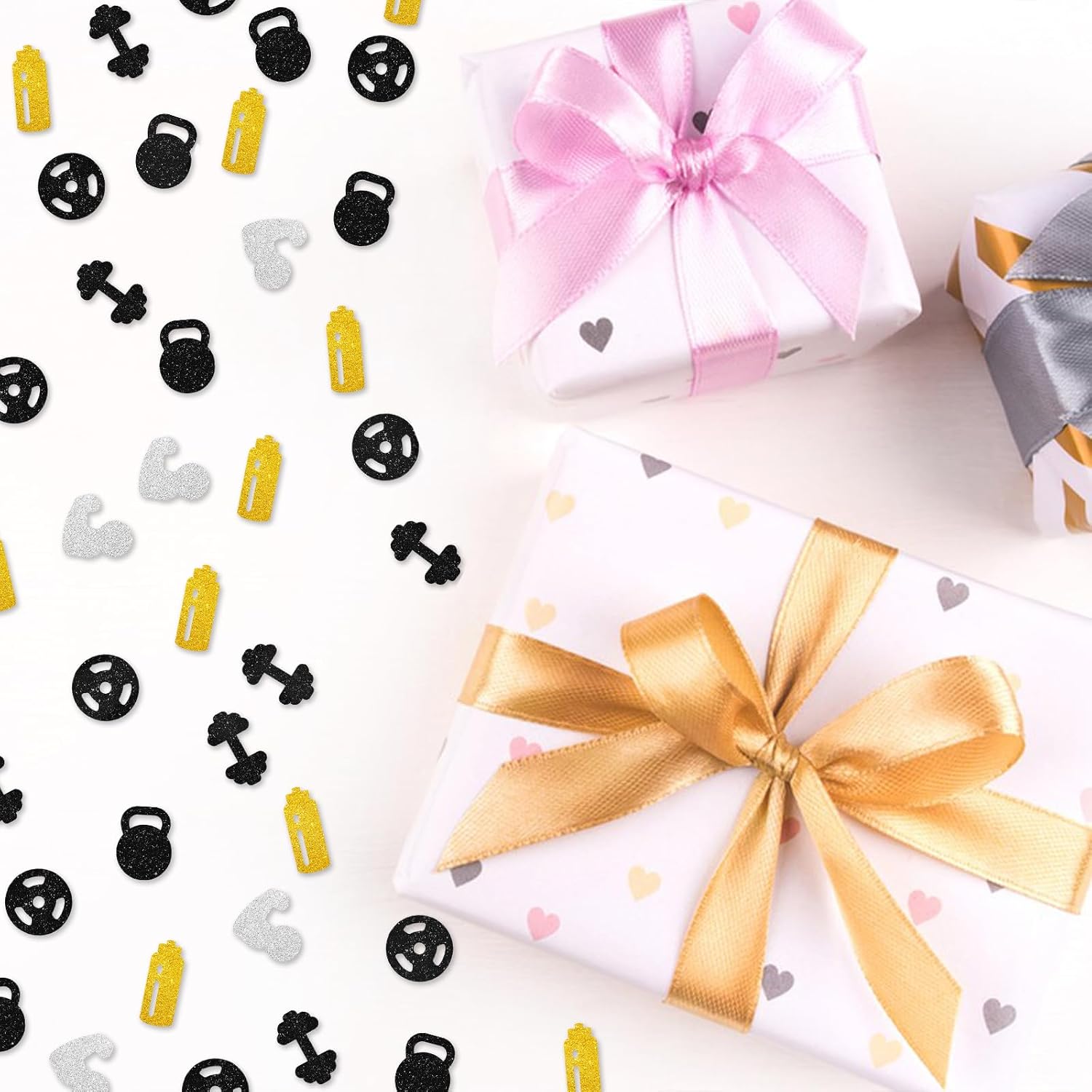 150pcs Fitness Confetti, Gem Workouts Table Confetti, Weightlifting Paper Scatter, Black Glitter Biceps Dumbbell Party Table Scatter, Cross Fit/Birthday Party Decoration