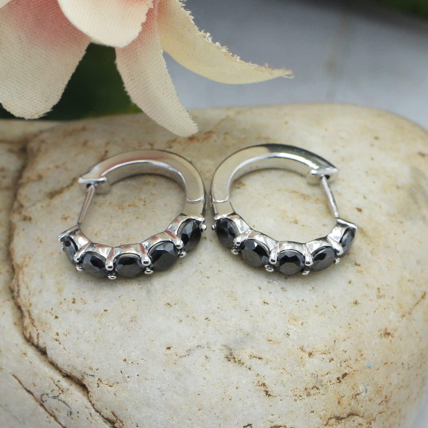 SAVEARTH DIAMONDS Black Moissanite Hoop Earrings for Women, Lab Created Moissanite Diamond, 925 Sterling Silver with 14K Gold Plating