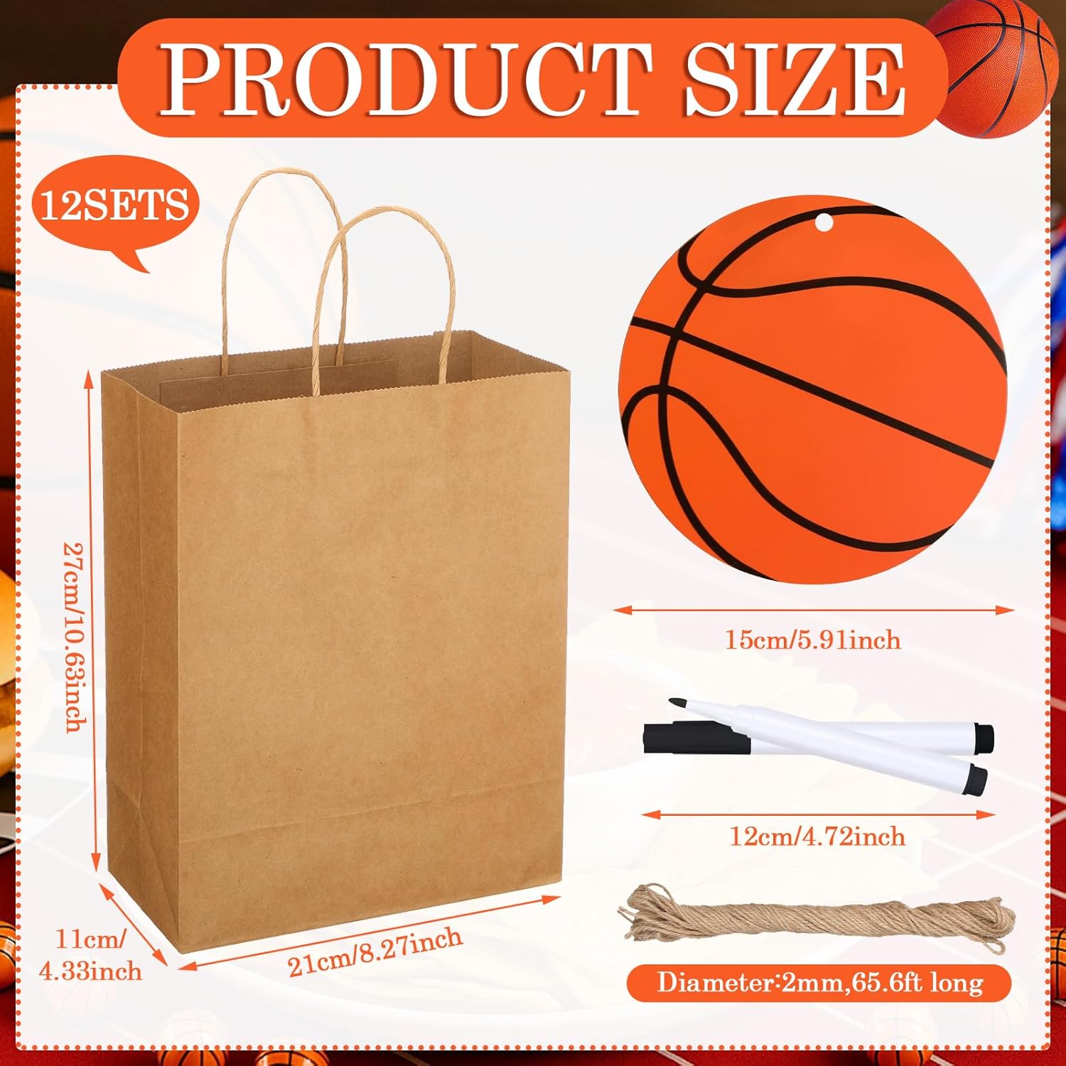 Dansydaisy 12 Sets 10.6 Inch DIY Basketball Paper Gift Bag Sets with Handles Personalized Basketball Party Favor Bags Include Tags Marker Jute Rope Paper Goodie Bundle for Sport Party Supplies - Image 4