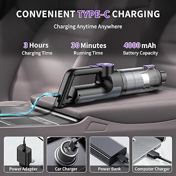 Car Vacuum Portable Cordless, 18000Pa 2 in 1 Cleaner&Air Duster, 130W Brushless Motor Handheld Vacuum Cordless with 7800mAh Battery, LED Light, Multi-Nozzles for Car, Home, Office