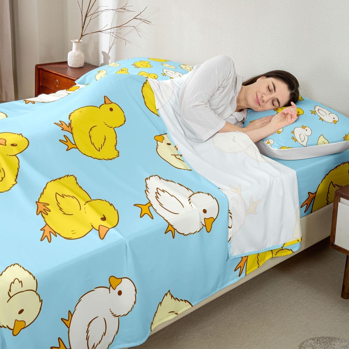 Erosebridal Kawaii Duck Bed Sheets Set Rural Hairy Ducky Cute Queen Sheet Set for Toddler Boys,Watercolor Duckies Cartoon Geometric Stripes Ducks Flat Sheet