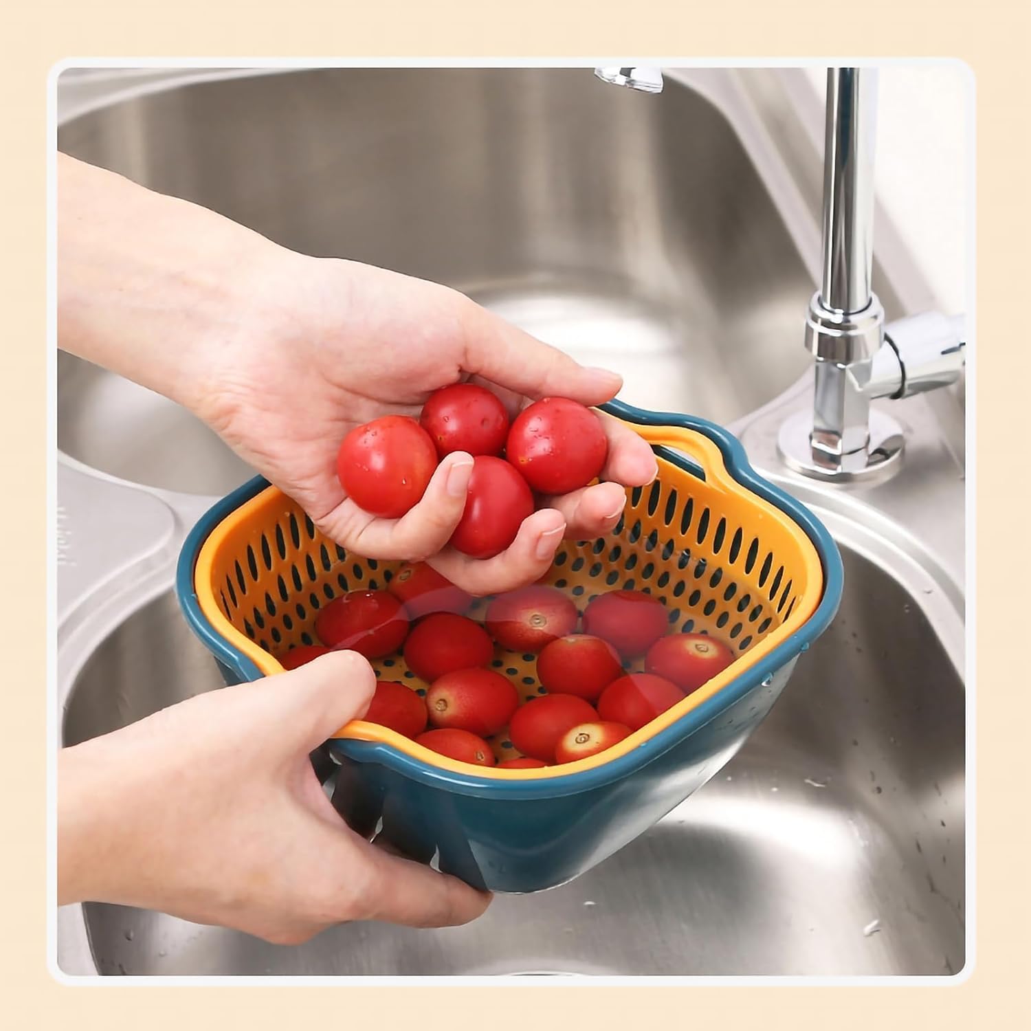 Plastic Food Strainer, Kitchen Strainer Colander Bowl Set Vegetable Washing Basket Double Layer Drain Quickly Suspend Multifunction Fruit Strainer with Side Handle for Kitchen 8.27*7.1*3.14in