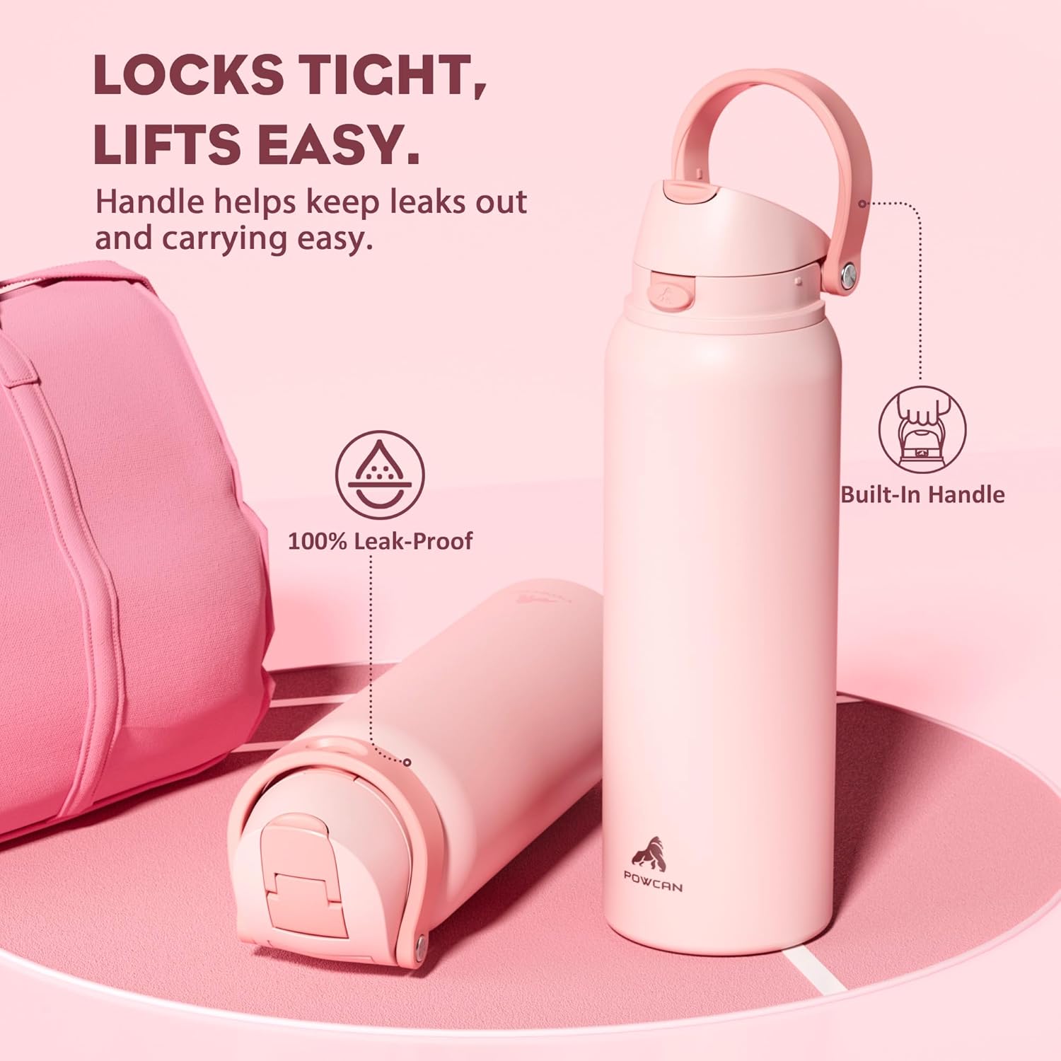 POWCAN 40 oz Insulated Water Bottle for Sports: 2-in-1 Lid with Push-Button Spout & Quick-Flip Straw, Leakproof, Car Cupholder Friendly, Stainless Steel for Gym, School, Travel, Camping (Cotton Candy) - Image 4