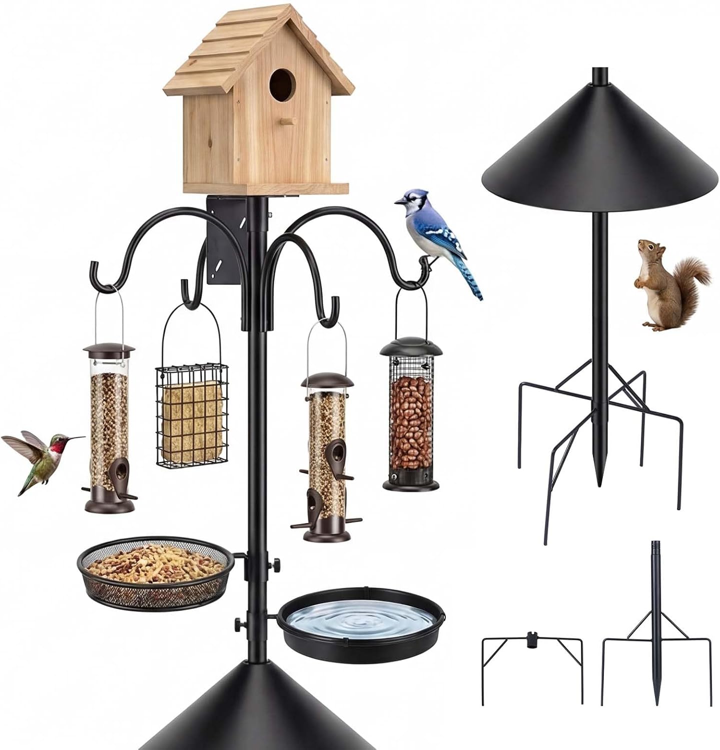 Bird Feeder Pole 4-in-1 with Squirrel Baffle, 92 Inch Metal Bird Feeders for Outdoors with Pole, Bath, Food Tray, 4 Hooks and Holds Cage