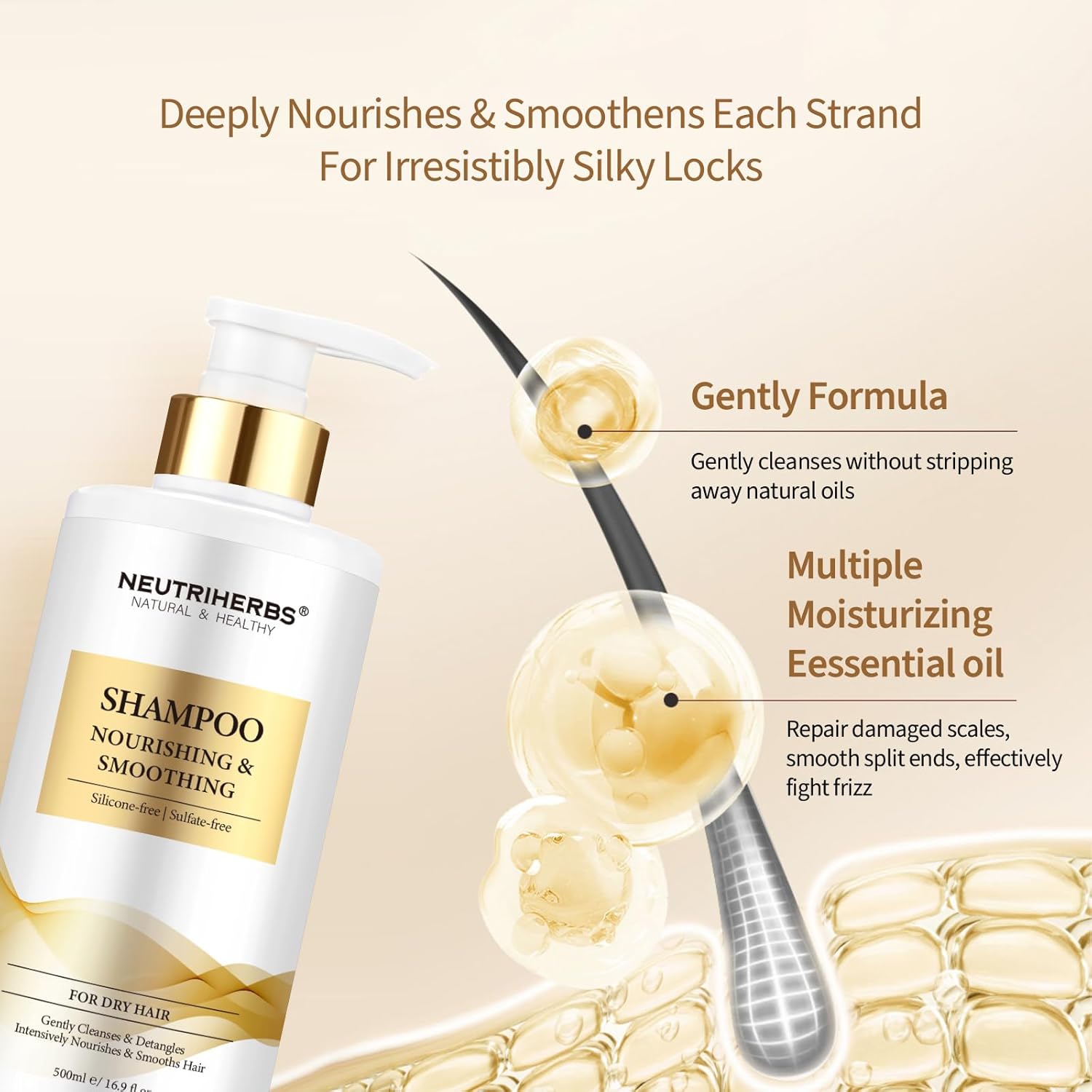Neutriherbs Shampoo For Dry, Frizzy,Furious and Split Hair, Nourish, Smooth Hair Wash With Essential Oil - 16.9 Fl Oz