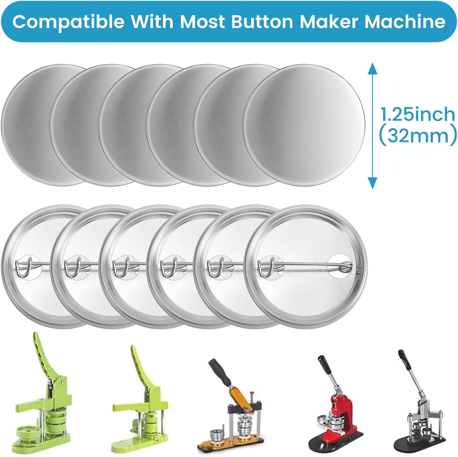 200 Sets Button Maker Supplies, 32mm/1.25 inch Button Supplies, with Metal Needle Back Cover, Metal Cover, Transparent Film and Blank Paper, Suitable for Button Making Machine and Pin Maker Press