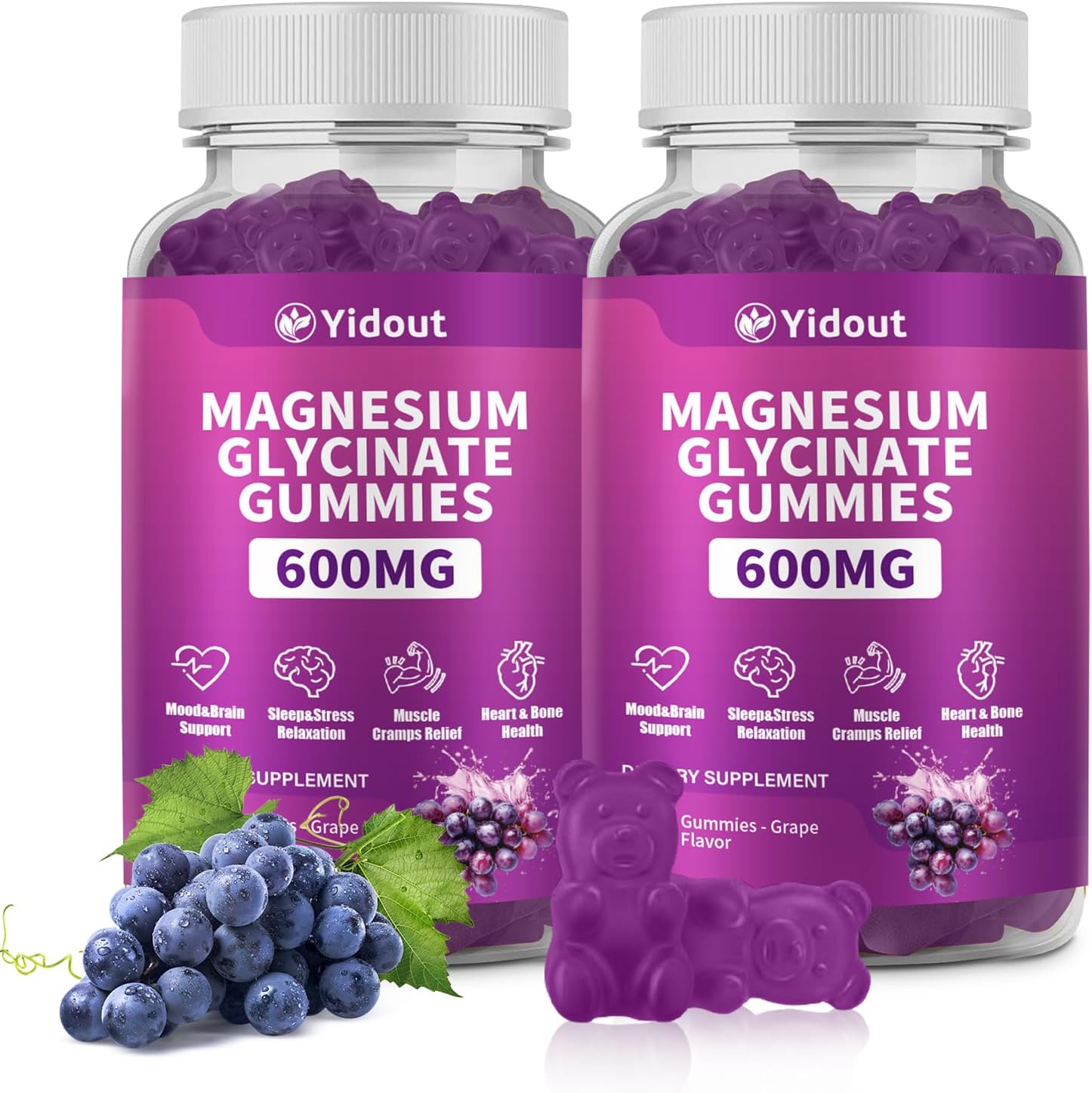 Magnesium Glycinate Gummies 600mg，High Absorption Magnesium Gummies, Sugar Free Chews for Adults & Kids Relaxation, Stress Relief (60 Count（Pack of 2）)