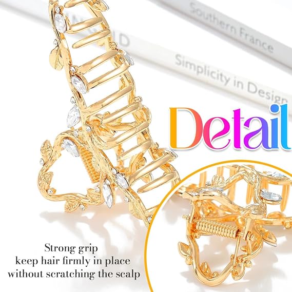 Gortin Rhinestone Claw Clips Gold Metal Hair Claw Clips for Thick Hair Large Fancy Hair Clips Hair Accessories for Women Pack of 2