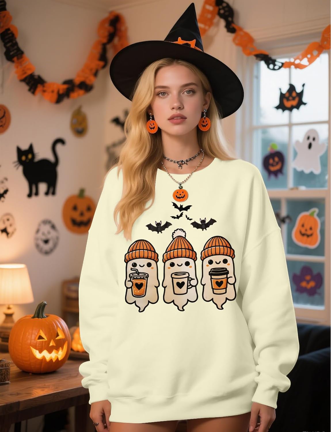KIDDAD Halloween Sweatshirts for Women: Halloween Ghost Sweatshirt Cute Spooky Season Sweater Fall Graphic Crewneck Pullover Apricot X-Large