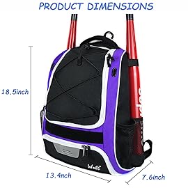 WOLT | Youth Baseball Backpack Bag for Baseball, Softball & T-Ball Equipment & Gear, Youth Boys and Adults, with Holder for Bat, Helmet, Glove, & Shoes Compartment & Fence Hook