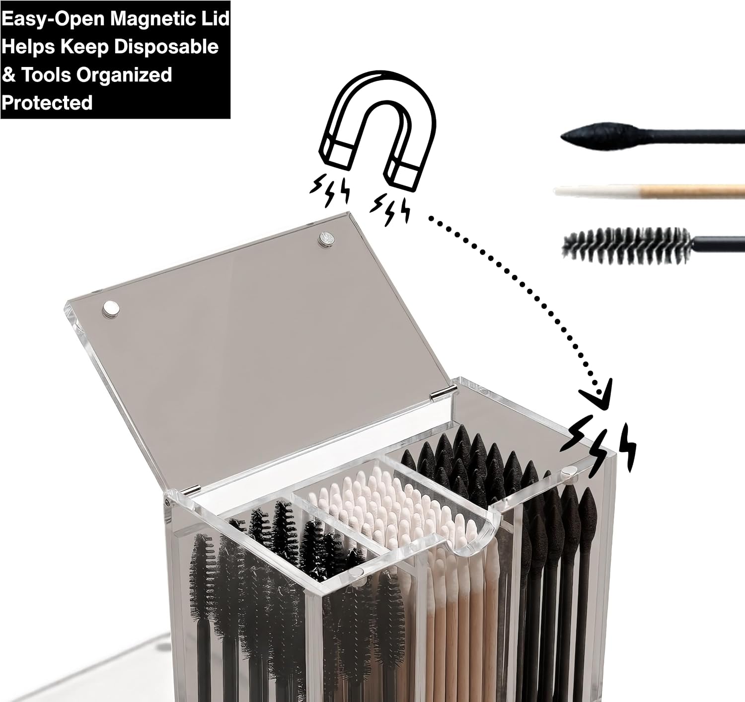 OR KO Dark Acrylic Makeup Organizer Box with Magnetic Lid Cover - 3 Compartment Acrylic Makeup Brush Holder & Cosmetic Organizer for Disposable Makeup Applicators, Brushes, & Mascara Wands