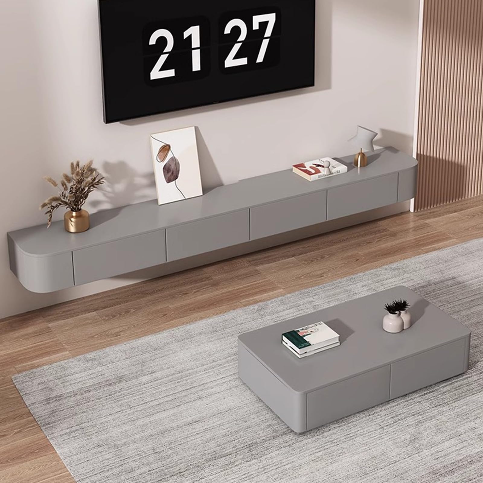 Nowoczesna szara szafka pod telewizor naścienna elegancka pływająca jednostka rozrywkowa z drzwiami stylowa podstawka pod telewizor do salonu wielofunkcyjna konsola (220 cm)