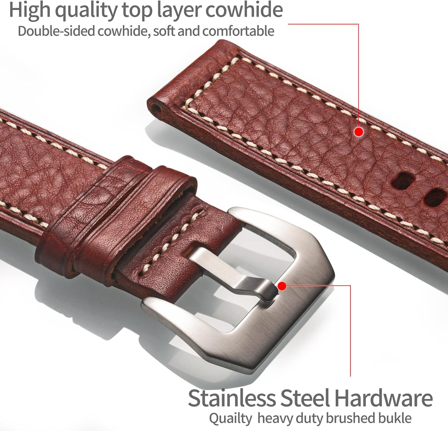 Hemsut Genuine Leather Watch Band, Retro Vintage 20 22 24 26mm Handmade Replacement Leather Watch Strap for Men and Women - Image 5