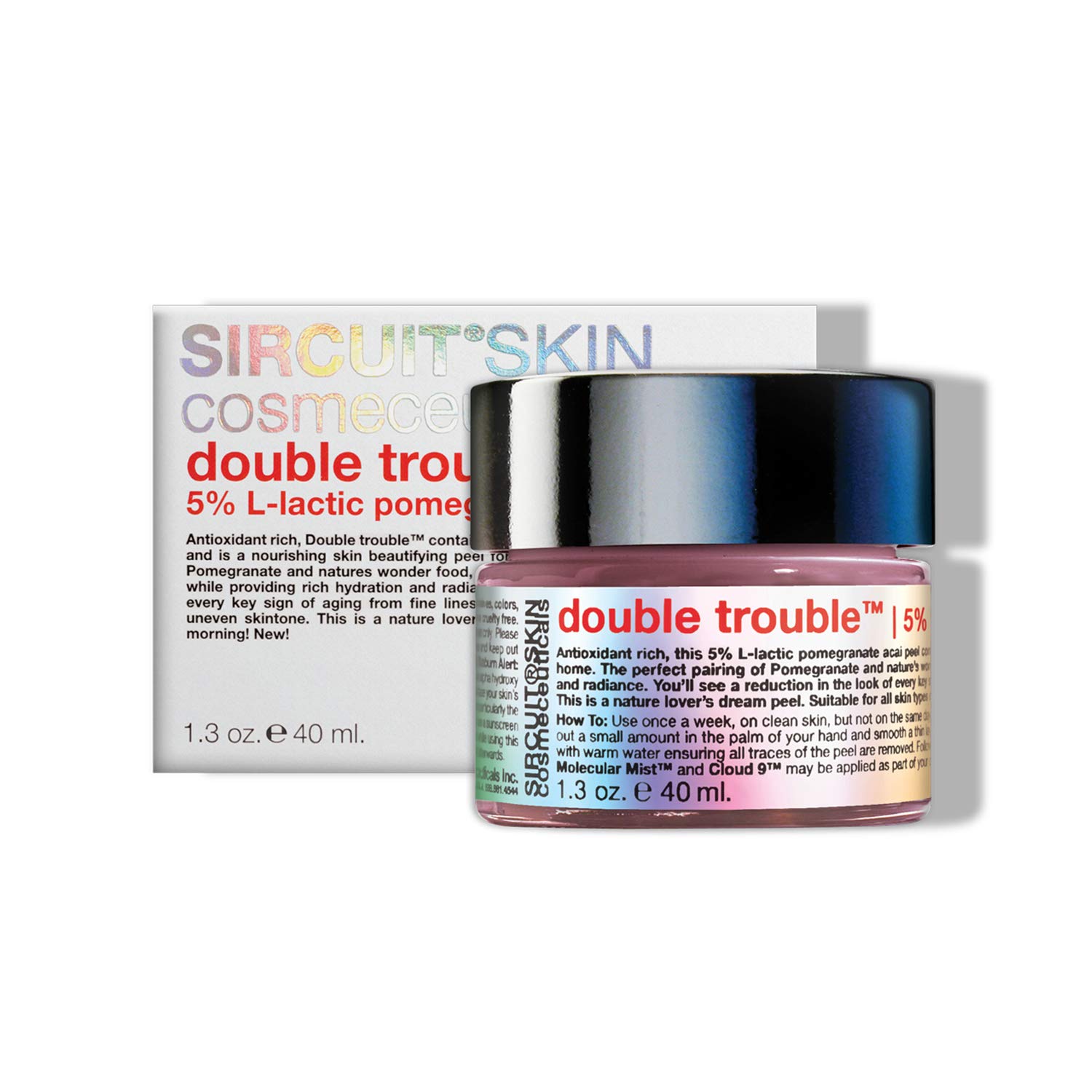 Sircuit Skin DOUBLE TROUBLE – Peel Off Mask with 5% L-Lactic, Pomegrante + Acai Peel – Hydrating Facial Mask Promotes Radiant Skin (1.3 oz)