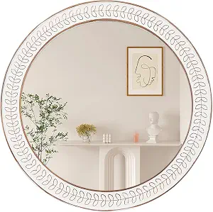 26 inch Round Wood Frame Mirror with Carved Leaf Pattern - Rustic White Accent Wall Mirror