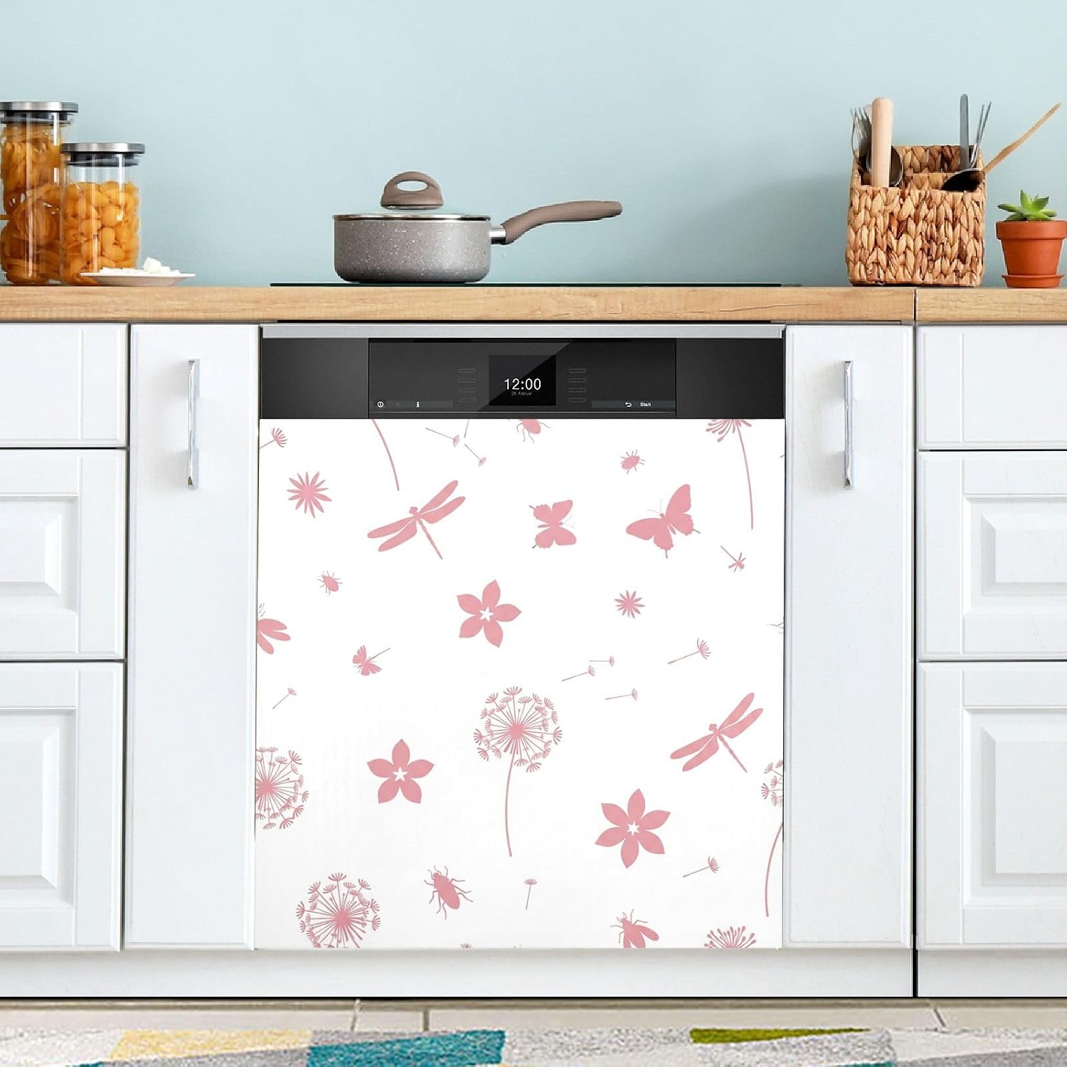 QUGRL Pink Butterflies Dragonflies Dishwasher Magnet Cover Front Door Flowers Dandelions Insects Refrigerator Covers Magnetic Sheet Sticker Wash Machine Fridge Panel Decal for Kitchen Applia
