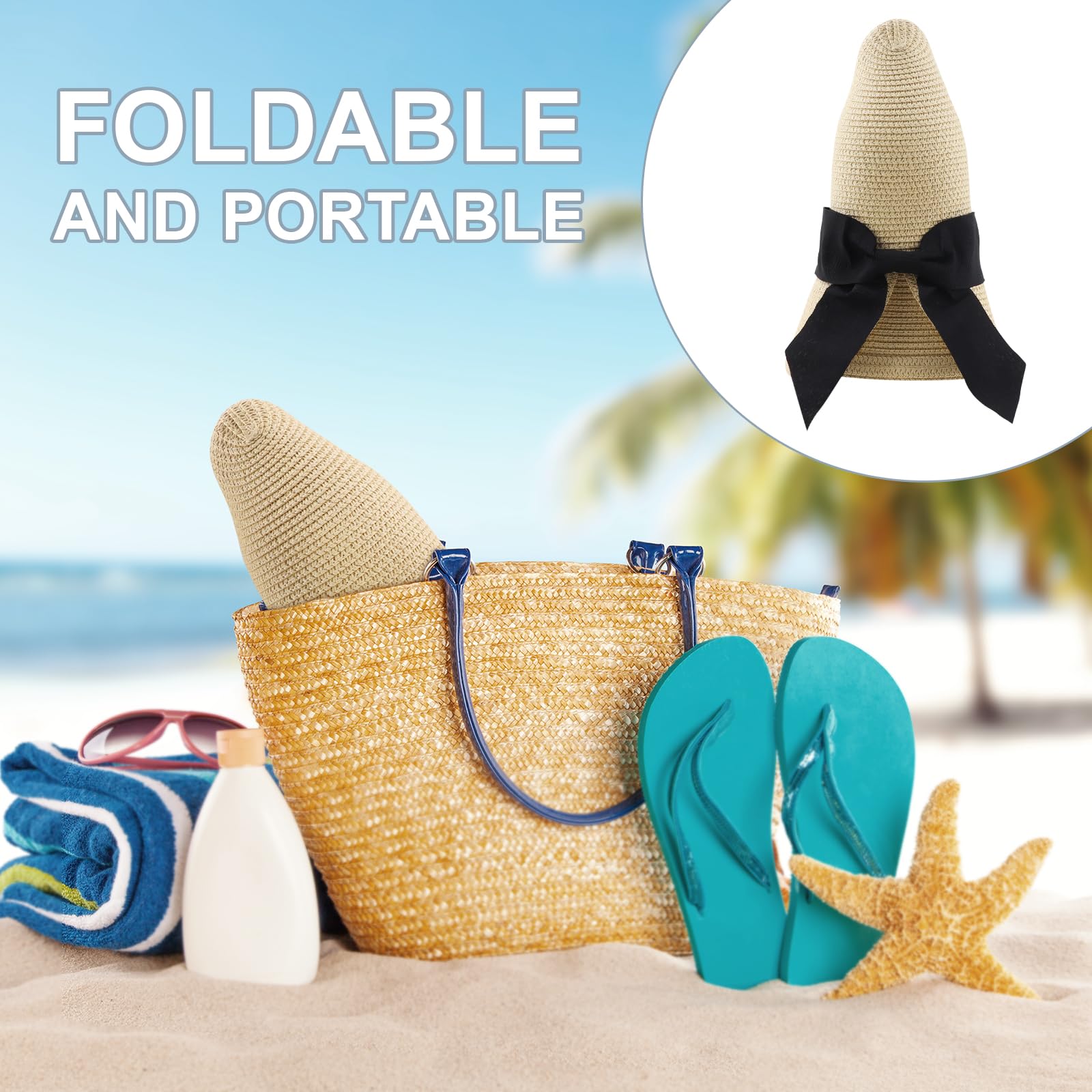 DRESHOW Bowknot Chapeau de Soleil pour Femme Bord Large Chapeau de Soleil de Pplage Pliable pour l'été Chapeau Sarouel en Paille à Large Bord avec Nœud UPF 50+