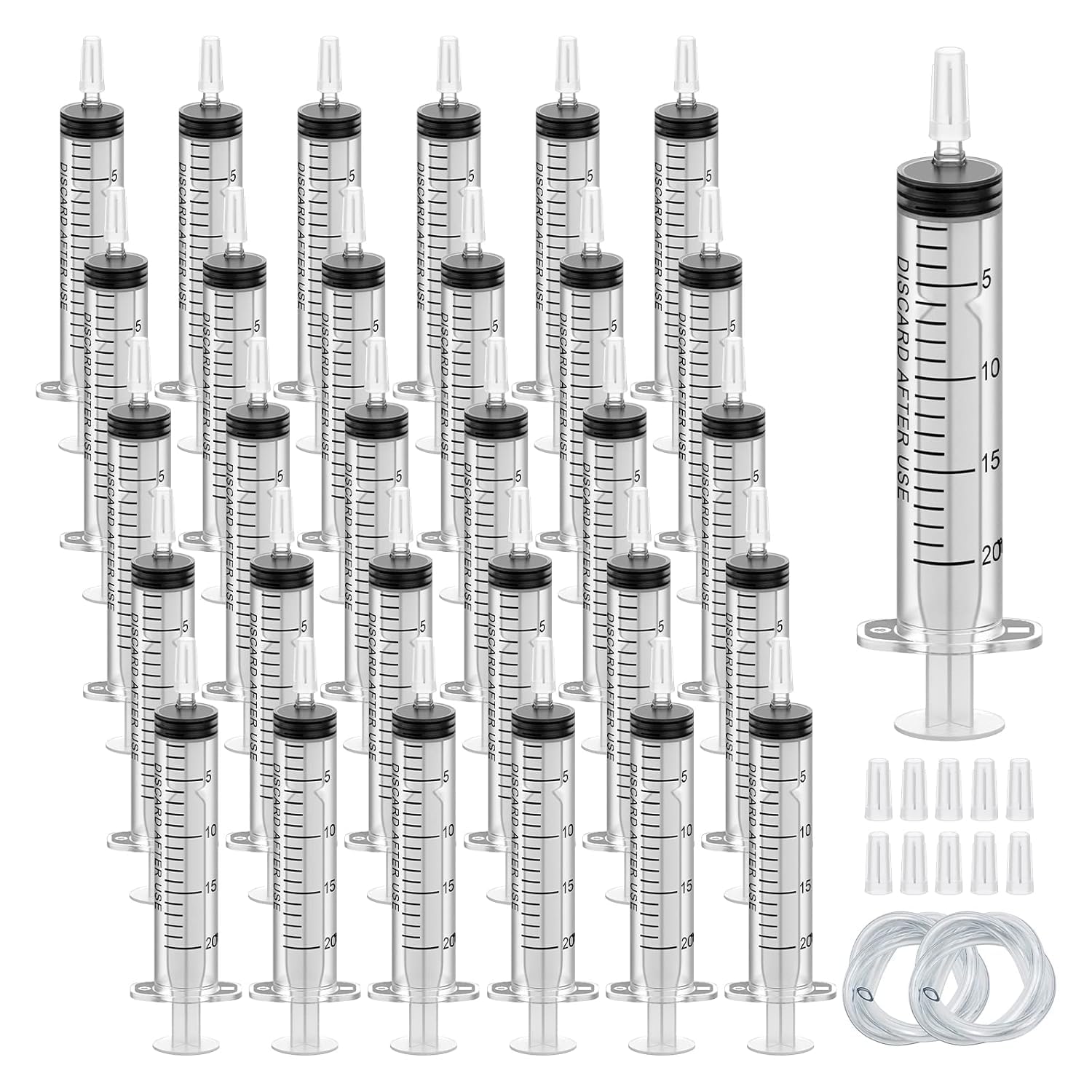 Salco 30Pack 20ml Plastic Syringe Sterile Individual Wrap with Tip Cap&Soft Tube, Measurement and Dispensing Syringe Tools for Science Labs,Liquid Measuring,Feeding Pets,Oil or Glue Applicator (20ml, 30) (24pcs)-image-1