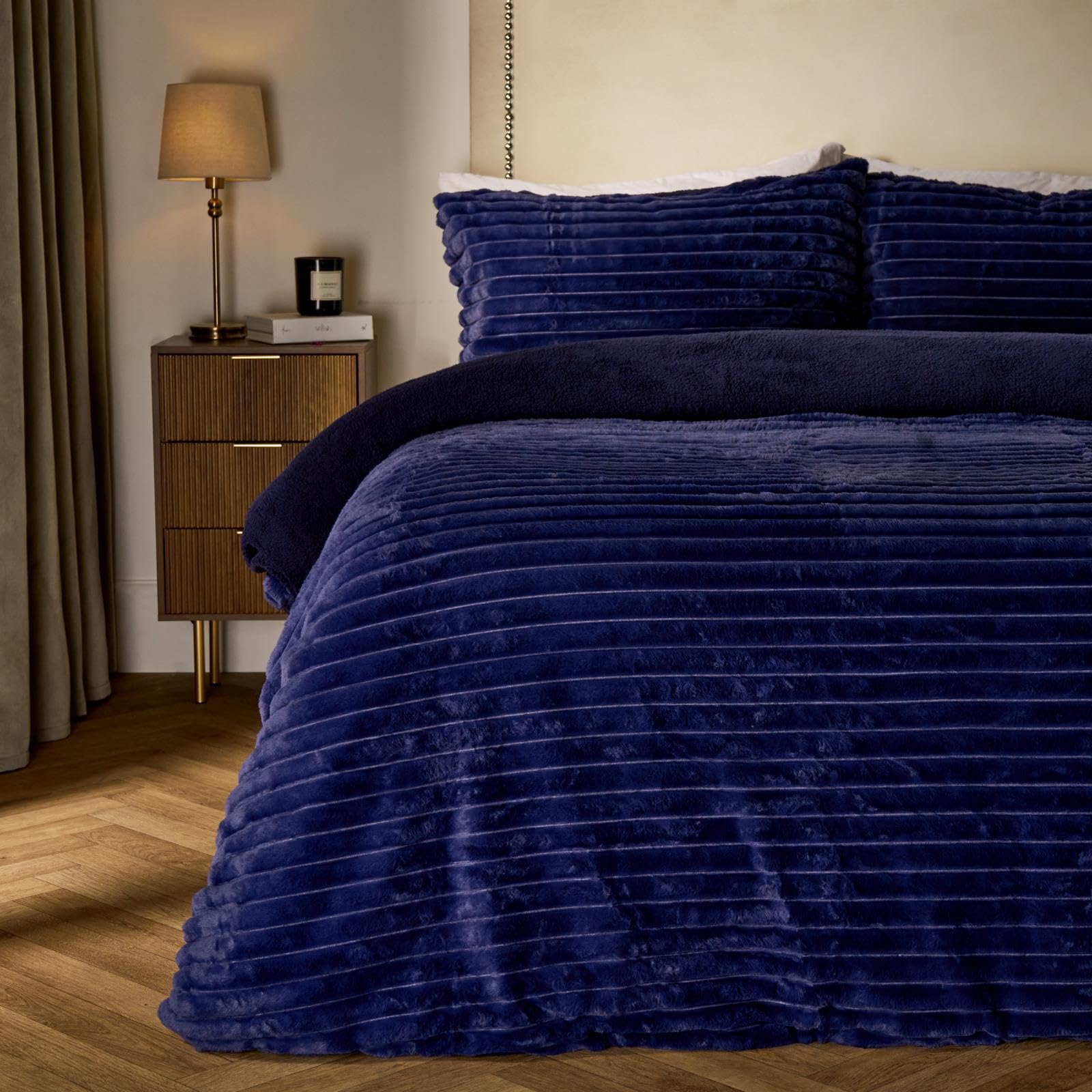 OHS Ribbed Faux Fur King Size Duvet Cover Set, Luxurious Cosy Autumn Winter Bedding Set Super Soft Cosy Warm Plush Teddy Fleece Reversible Quilt Duvet Cover with Pillowcases, Navy — image 1