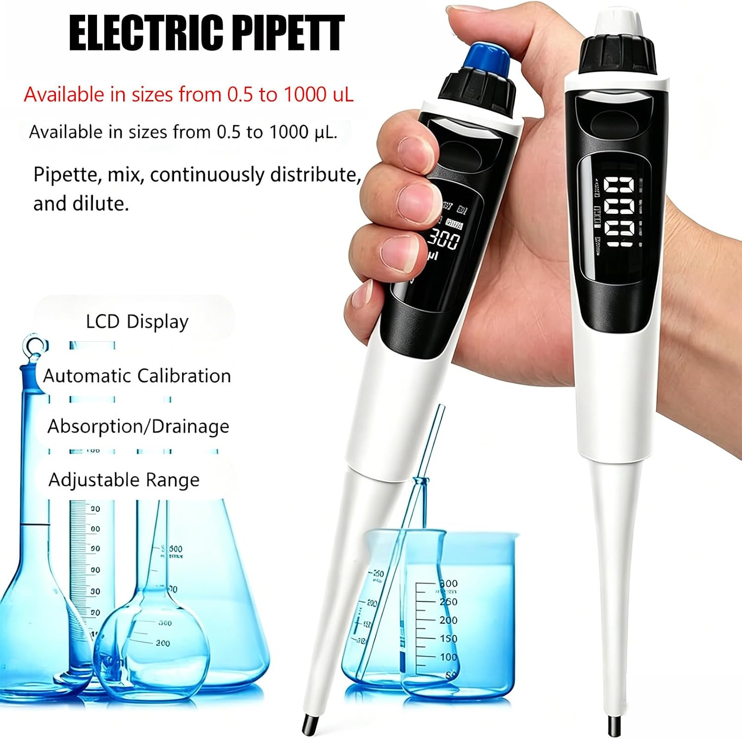 Adjustable Single Channel Electronic Pipette 100-1000µl with Universal Tips & Autoclavable Piston - ISO Calibrated for Accurate Pipetting, Mixing & Dilution