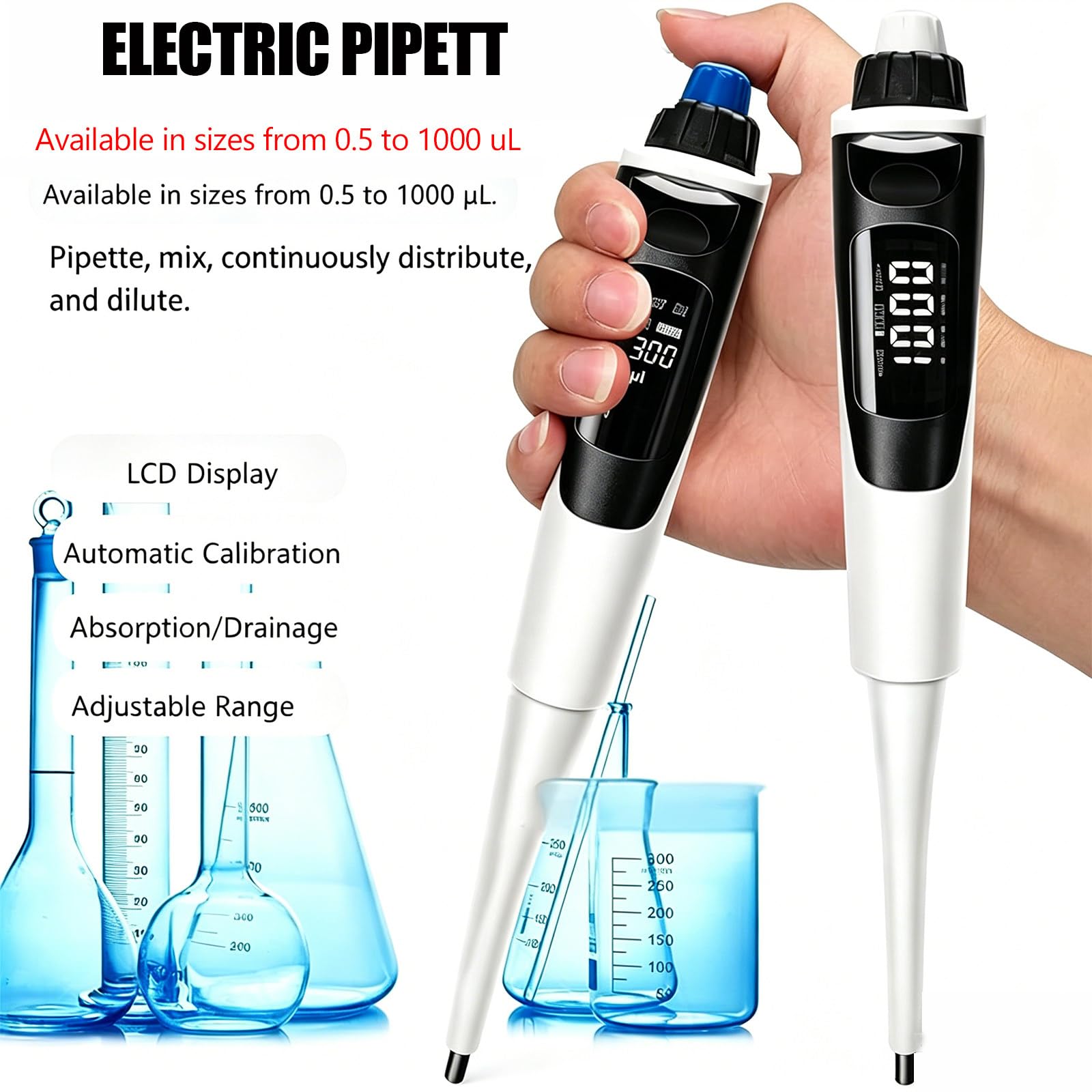 Multifunktionale elektronische Pipette, verstellbar 0,5-10µl mit Universalspitze & autoklavierbarem Kolben, ISO kalibriert zum Pipettieren, Mischen und Verdünnen
