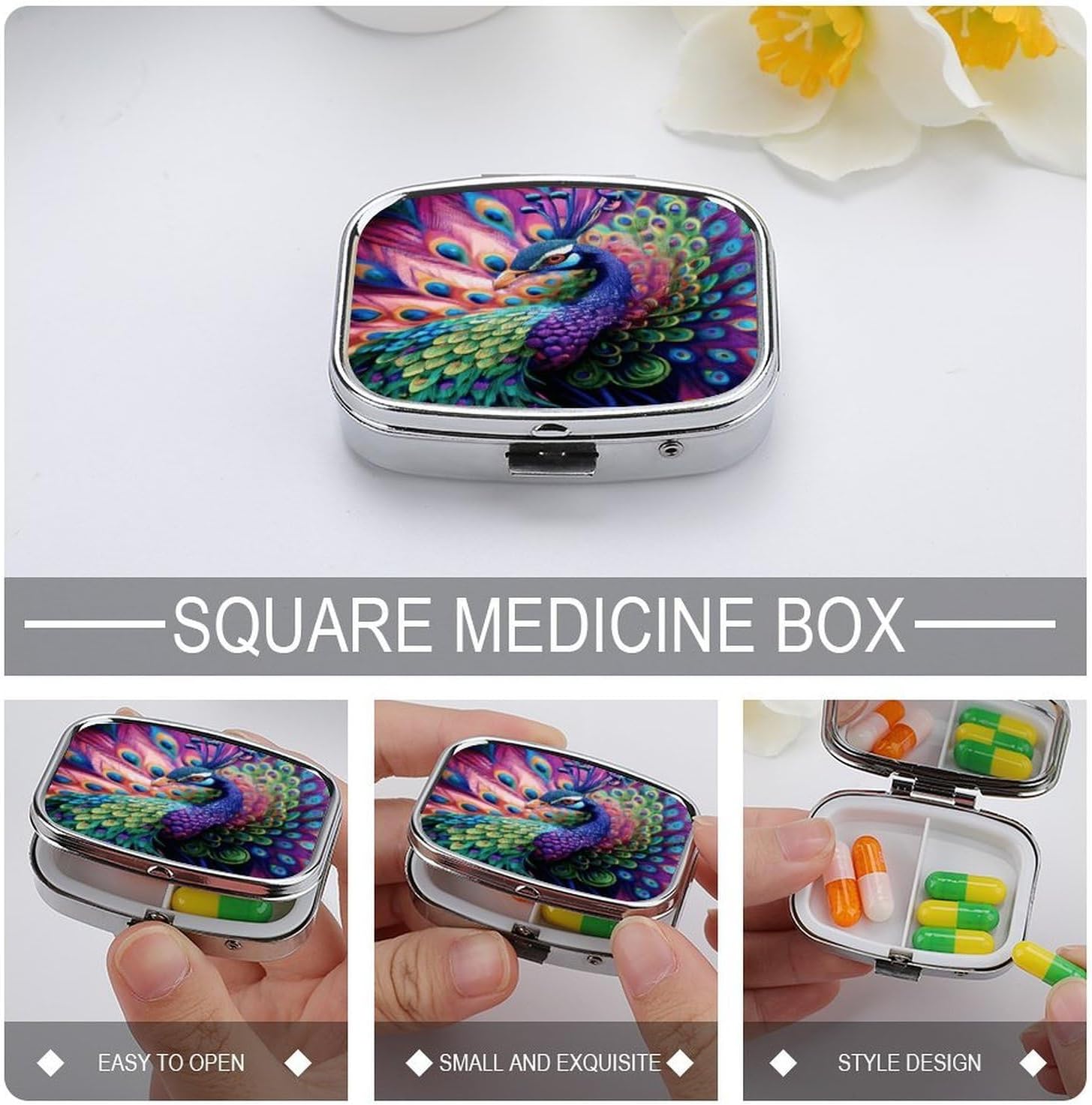 Colorful Peacock 2 Compartments Pill Box with Mirror for Pocket image 3