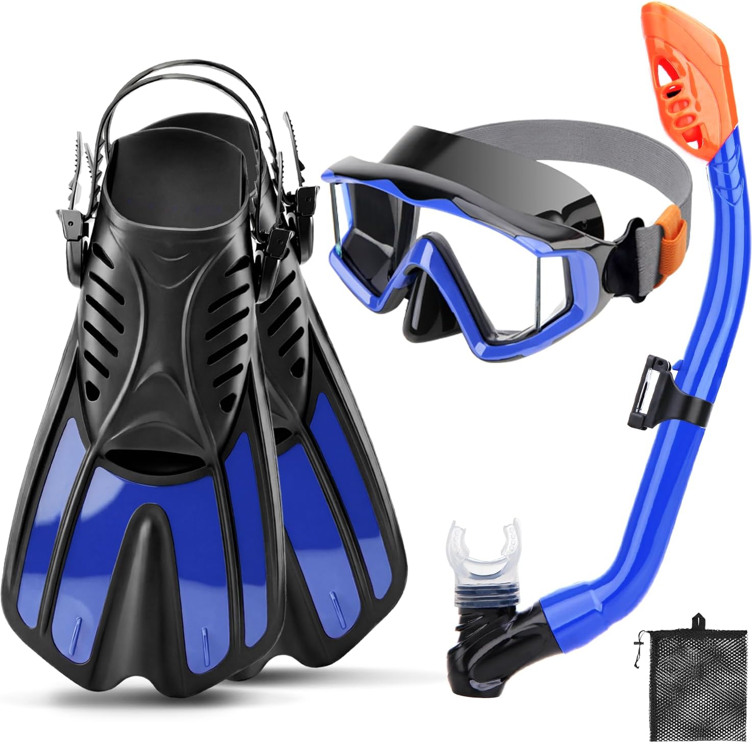 Snorkeling Gear for Kids Adults, 4 in 1 Snorkel Mask Fins Set with 3 Window Snorkel Mask, Dry Top Snorkel, Adjustable Short Fins and Mesh Bag, Anti-Leak & Anti-Fog Snorkel Gear for Snorkeling