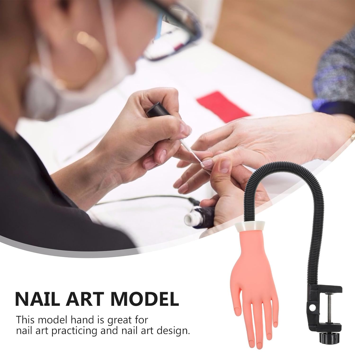 Practice Manicure Hand Model with 100pcs Artificial Nail Tips Flexible Silicone Fake Hand with Stand for Nail Art Training