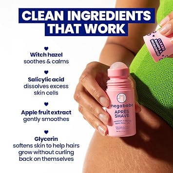 Megababe Mini Apres Shave (1.7 fl oz) | Travel size post-Shave & Waxing | Vacation Essential | Ingrown Hair & Razor Bump Roll-On Treatment for Women | Bikini, Armpits & Legs