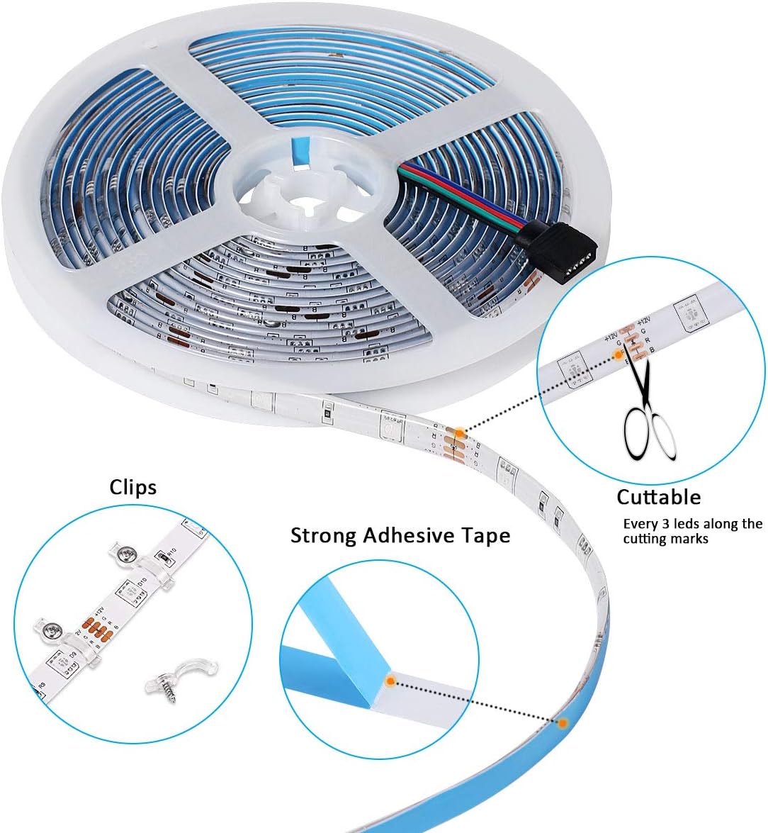 LED Strip Light, AMAZING POWER 16.4ft Waterproof Color Change Rope Light Strip with 44 Keys Remote and 12V Power Supply for Home Decoration