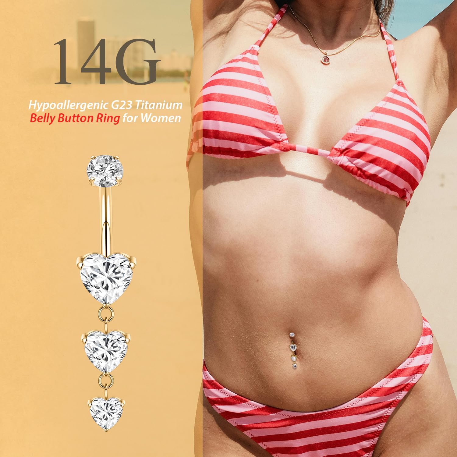 FUNLMO Dangle Belly Button Ring Gold Belly Rings Belly Button Piercing Internally Threaded Titanium Cube Zircon Floating Navel Piercing Jewelry 14G 10mm - Image 5