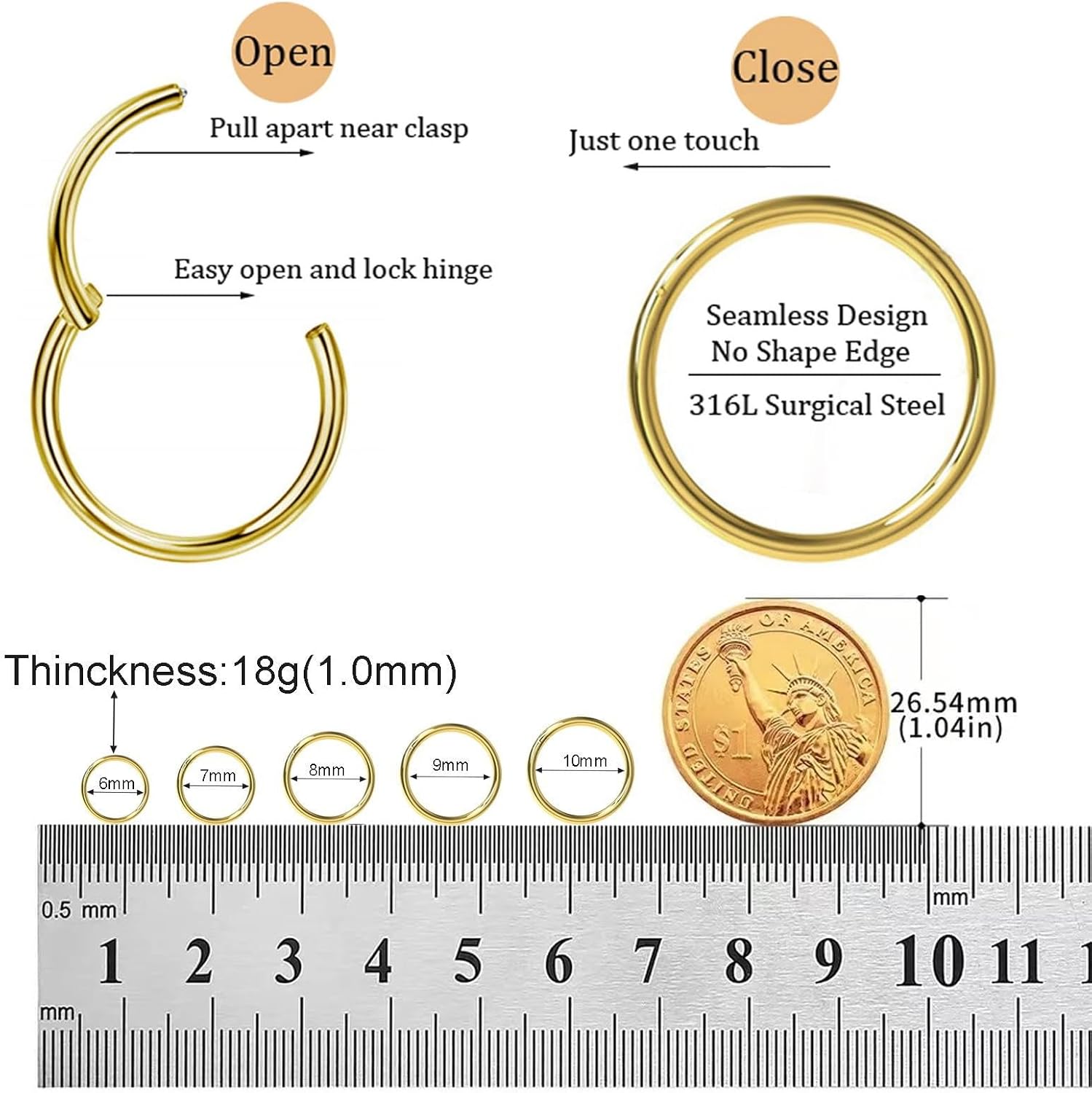Small Gold Hoop Earrings, Lightweight 14K Gold Plated Huggie Hoop Earrings for Cartilage Helix Tragus, Hypoallergenic Earrings for Women Men, Tiny Thin Hoops Surgical Steel Endless Hoops Earrings 6-10 mm