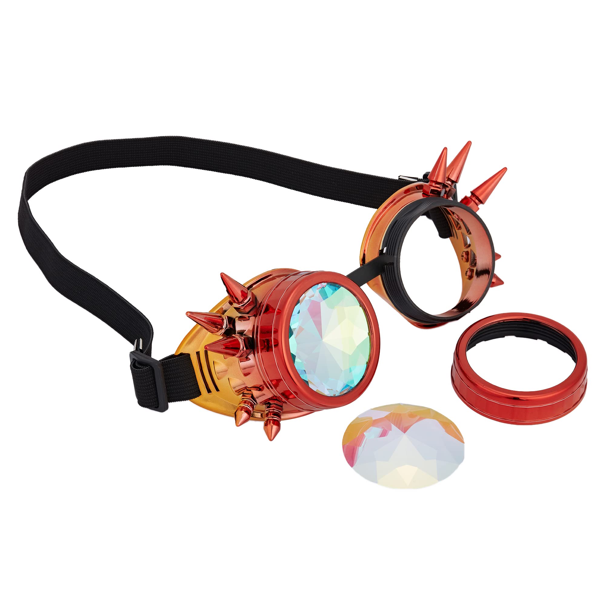 OMGREAT Kaleidoscope Glasses for Raves Steampunk Goggles with Rainbow Prism Diffraction Crystal Lenses, Red Orange (Spiked) - Image 5
