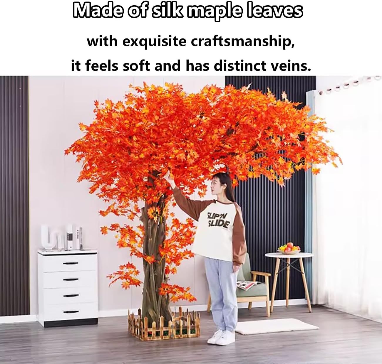 Large Artificial Red Maple Tree,Realistic Large Japanese Red Maple Artificial Tree,with Distinct Veins, Solid Wood Trunk,for Home Office Garden Decor Indoor Outdoor.(118.1X98.4in)